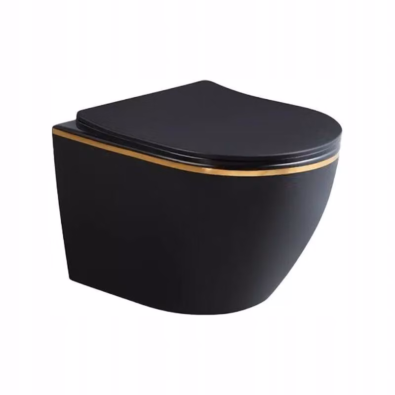 WC sospeso sedile a parete in ceramica soft-close senza bordo nero e oro 49x36x37cm