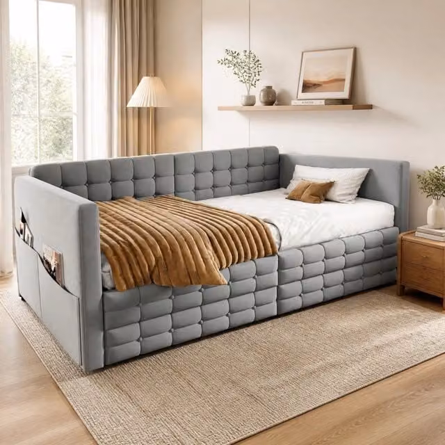 Letto imbottito 90x190 cm in velluto grigio chiaro con cassetti e tasche laterali