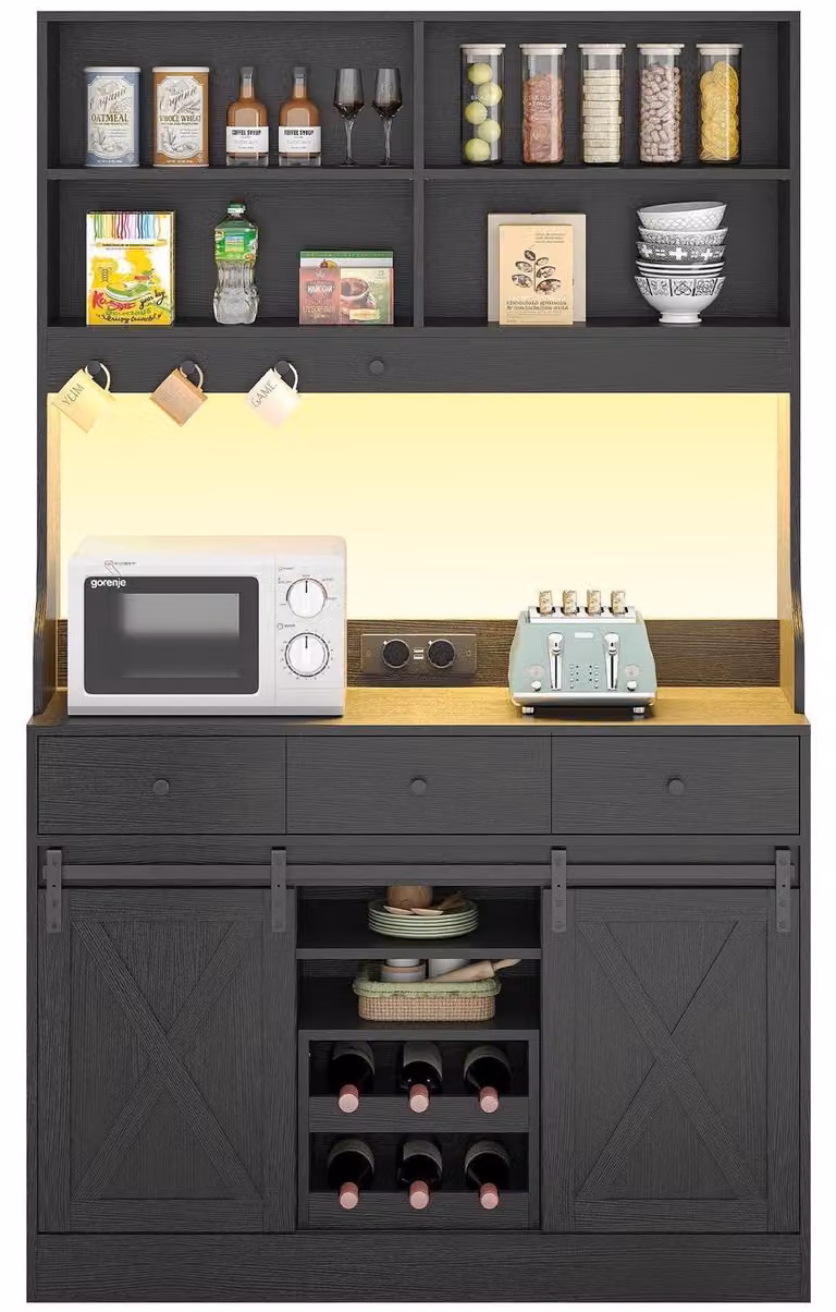 Mobiletto da cucina a buffet laterale con illuminazione a LED, presa di corrente, portabottiglie per vino, 3 cassetti, dimensioni 103,5 x 40 x 180 cm, colore nero