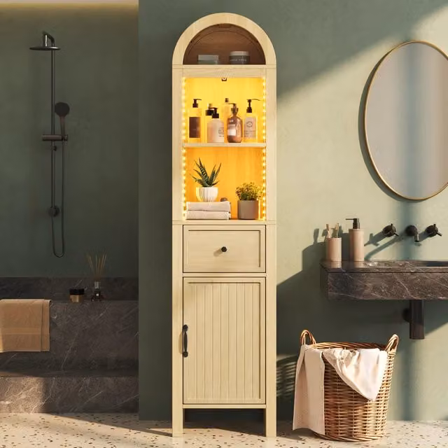 Colonna bagno da terra 40 x 30 x 163 cm con cassetto; vani aperti e LED RGB; in MDF colore legno naturale