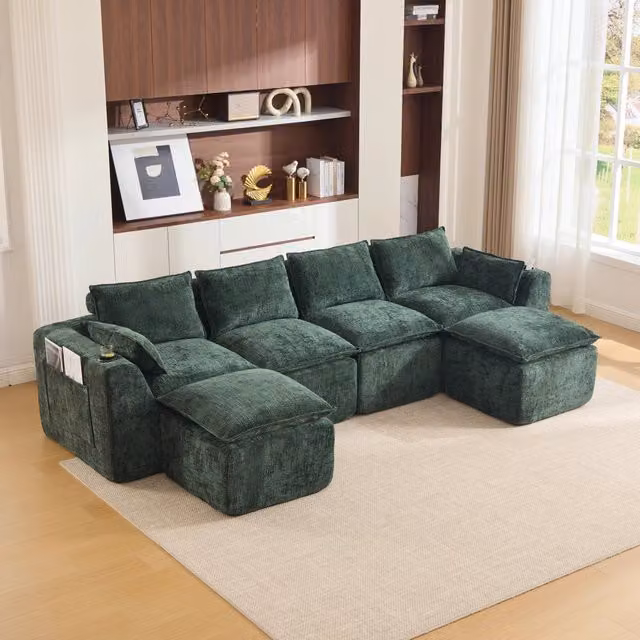 Divano modulare 4 posti con due pouf e portabicchieri; ciniglia verde scuro