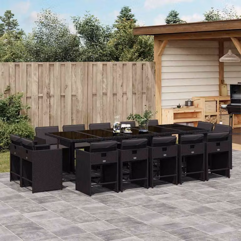 vidaXL Set da Pranzo da Giardino 15 pz in Polyrattan Nero con Cuscini e Tavolo in Vetro