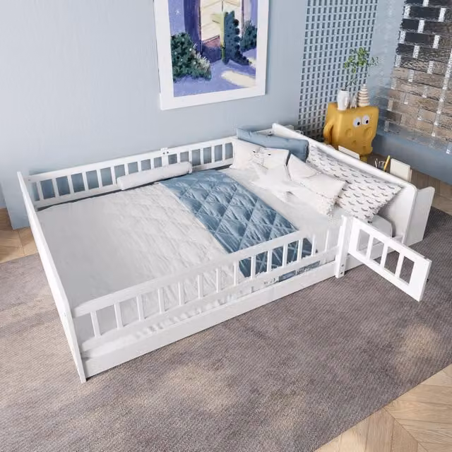 Letto per bambini 140 × 190 cm con barriere apribili, ripiani e vano aperto, senza materasso, in pino bianco