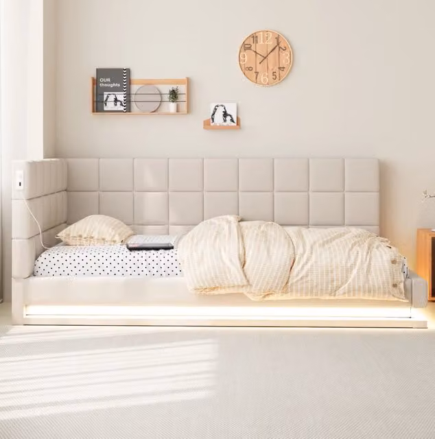 Divano letto imbottito 90x200 cm con LED; porta USB e rete a doghe; lino beige