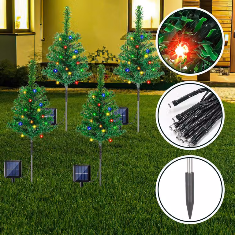 Set di 4 luci solari natalizie Ikodm, composto da 4 alberelli, 80 LED colorati, 8 modalità di illuminazione e protezione IP65