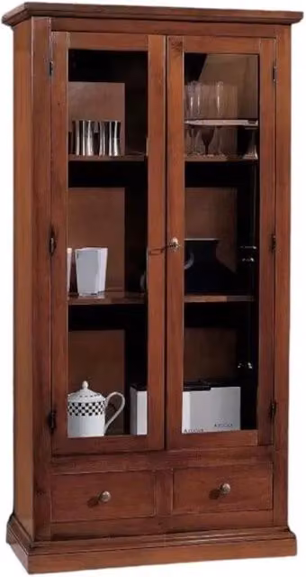 Vetrina classica in legno di pino con ante in vetro e 2 cassetti color noce Mobili 2G L/P/H: 90 x 40 x 160 cm – 3