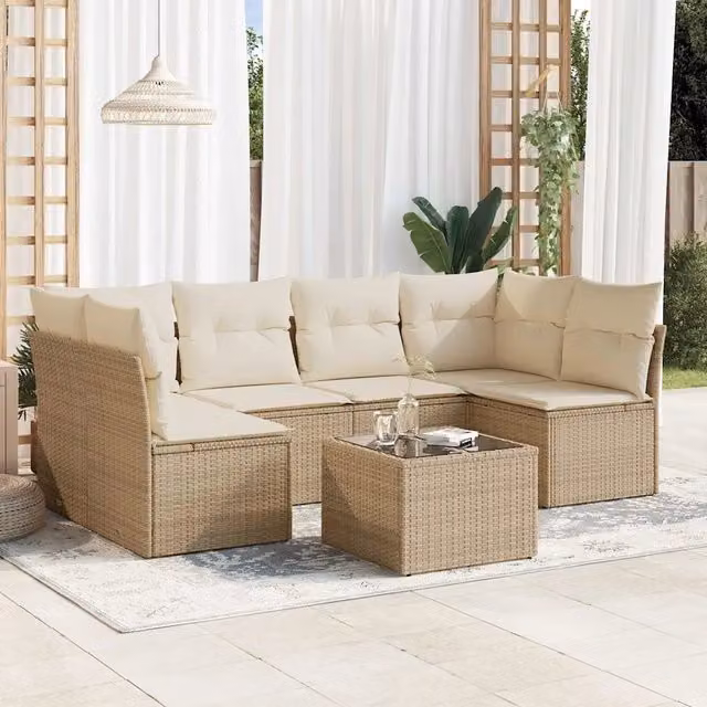 Set Divani da Giardino 7 pz con Cuscini Beige in Polyrattan 3217398