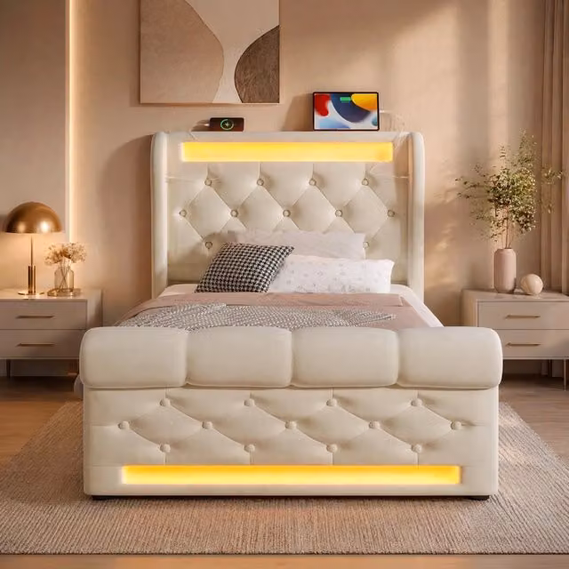 Letto singolo imbottito ULEVR 90x200 cm con contenitore idraulico, LED, USB e Type-C, velluto beige