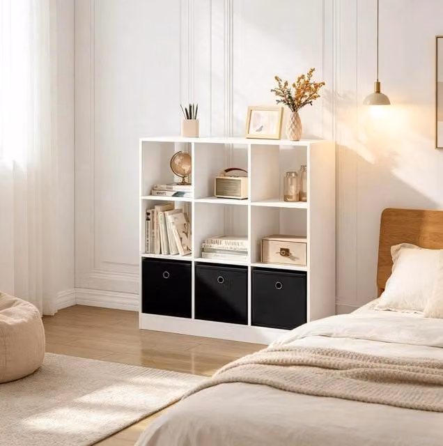Libreria 80x30x86,5 cm bianca e nera in legno ingegnerizzato, 3 cassetti