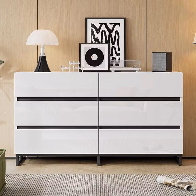 Credenza per soggiorno Xylo con 6 cassetti e piedi in metallo, Bianco/Nero, L 140 cm x P 39,5 cm x H 78,5 cm – 1