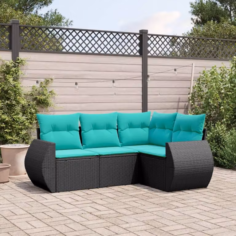 Set di divani da giardino vidaXL in rattan con cuscini, design moderno a forma di L, colore nero e blu con struttura in acciaio verniciato a polvere