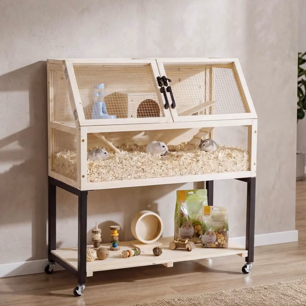 Gabbia a due piani in legno di abete marrone per criceti, scoiattoli e ricci con finestrini in acrilico, ripiano e altalena, dotata di ruote, L: 87 cm, P: 42 cm, H: 101 cm – 2