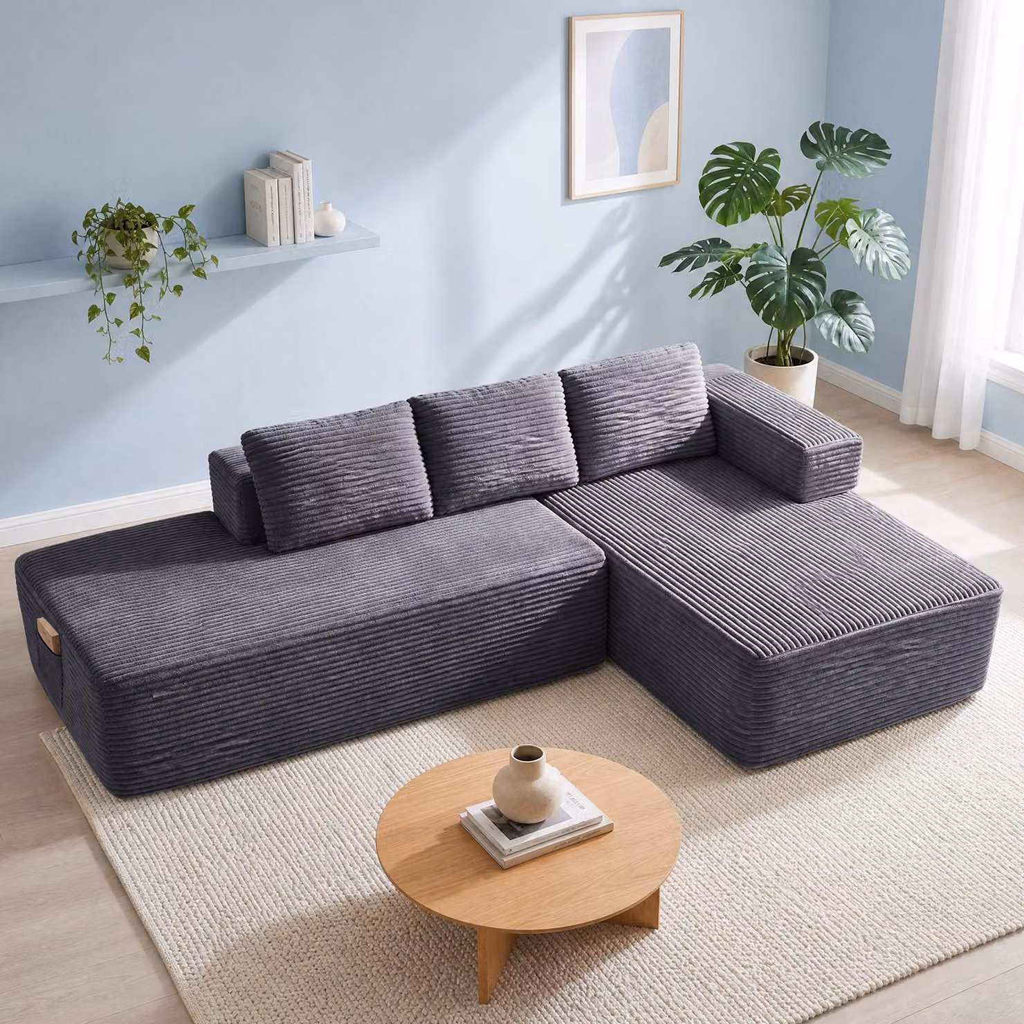 Divano componibile modello Ecksofa, con funzione letto, 255 cm, rivestito in velluto. Divano modulare "Boneless" con chaise longue e struttura in metallo per lo schienale. Divano a L con funzione letto e struttura aperta