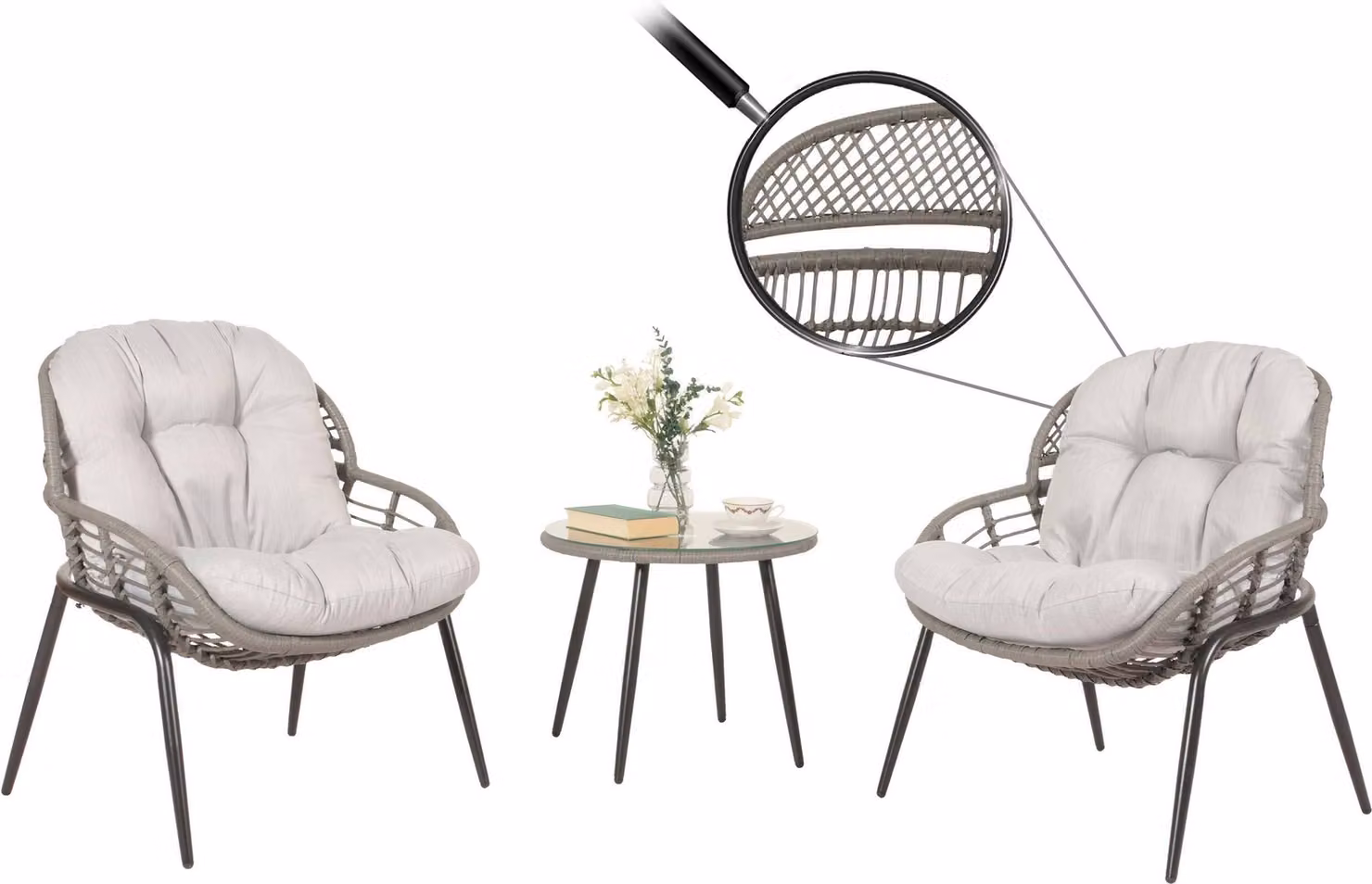 Set in poly-rattan HWC-N33, set da balcone set da giardino gruppo di sedute sedia tavolino ~ grigio, rivestimento grigio chiaro