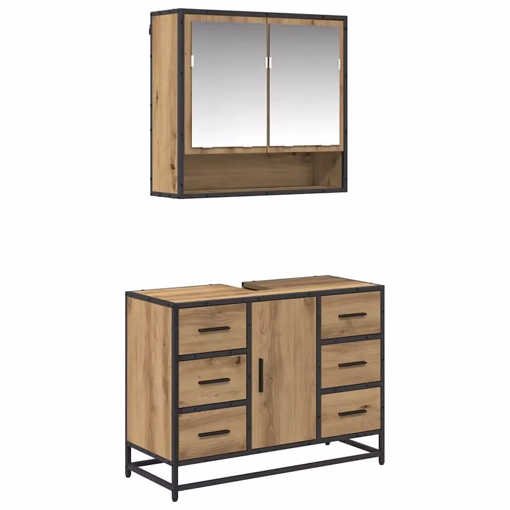 Set di mobili per il bagno moderno vidaXL composto da mobile sottolavabo e armadietto con specchio in legno e metallo color rovere e nero – 2