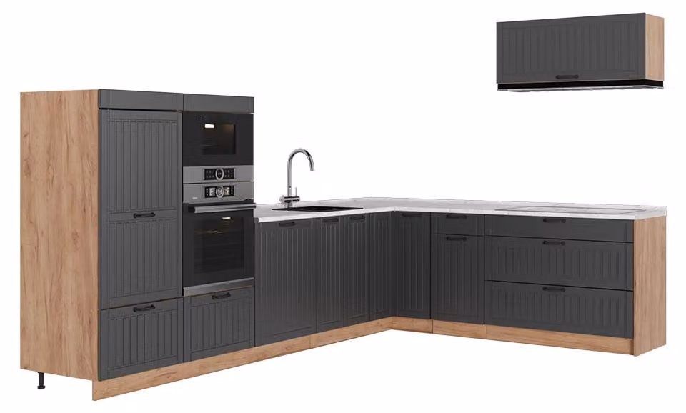 Cucina angolare completa Vicco Fame-Line Grigio scuro/Rovere dorato 327 x 227 cm, PL Marmo, Model 64390
