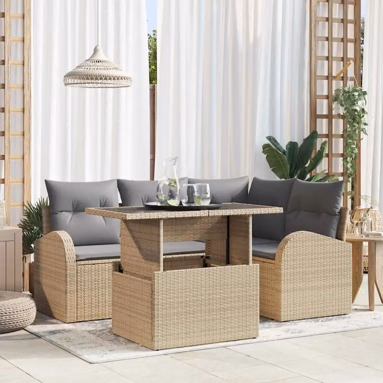 Set Divano da Giardino vidaXL 5 Pezzi a Forma di L con Tavolino, Polyrattan e Cuscini, Beige e Grigio