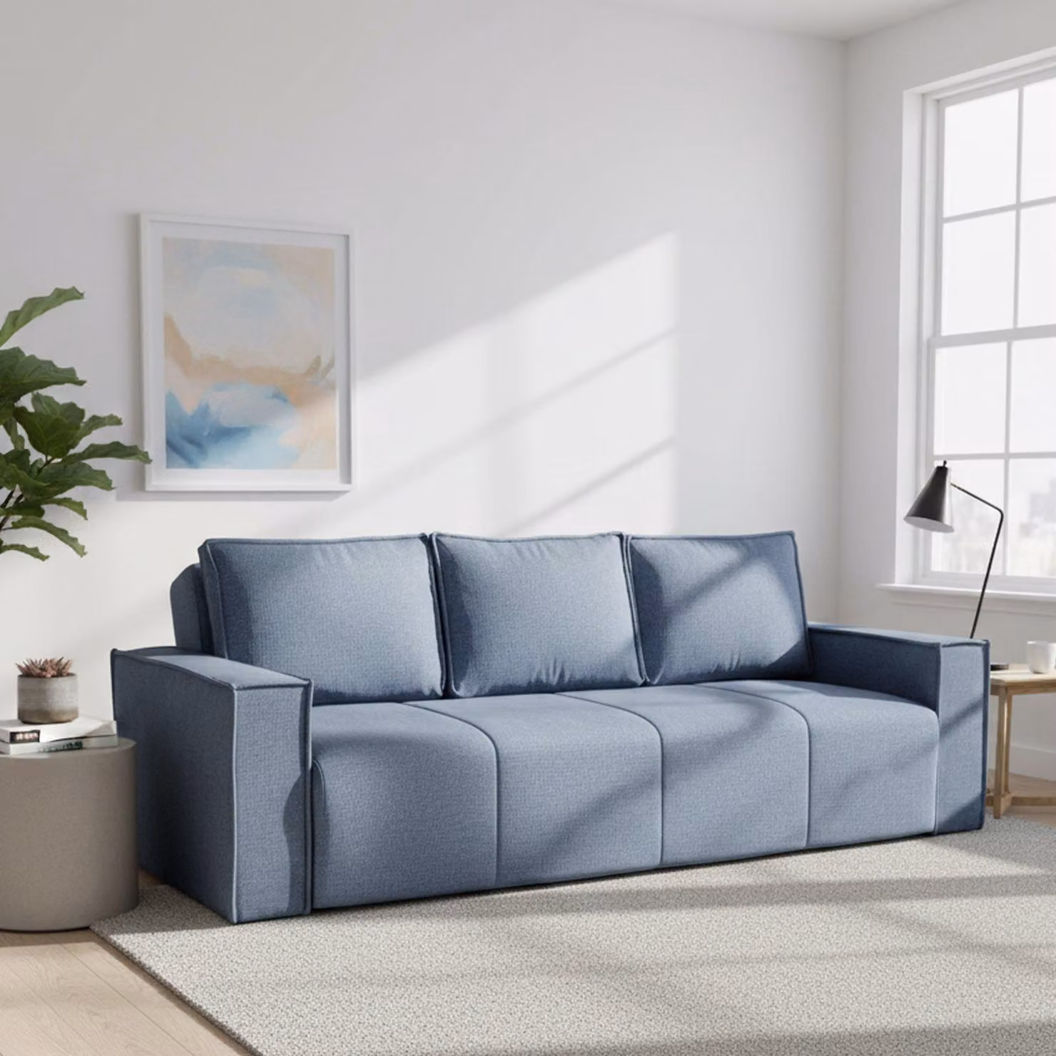 Dmora Divano Letto 3 Posti Naturno 231x99 cm blu, Contenitore di Apertura Click-clack