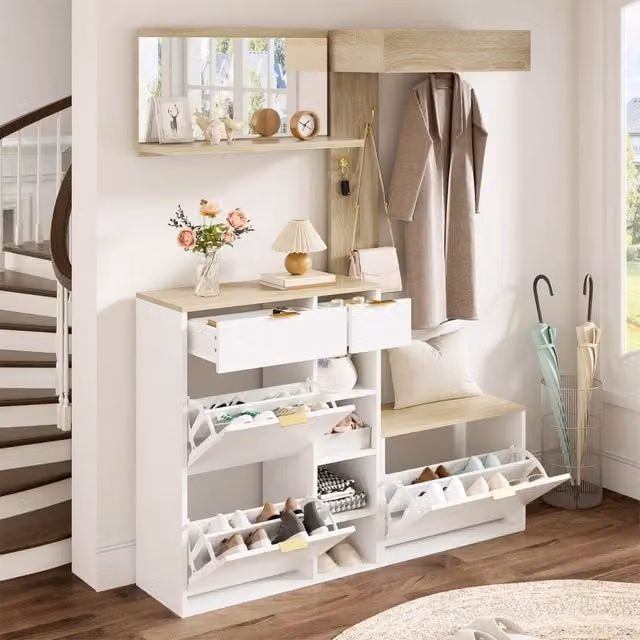 Set da ingresso 4 pezzi con scarpiera panca specchio e pannello appendiabiti bianco naturale 130 × 30 × 174 cm