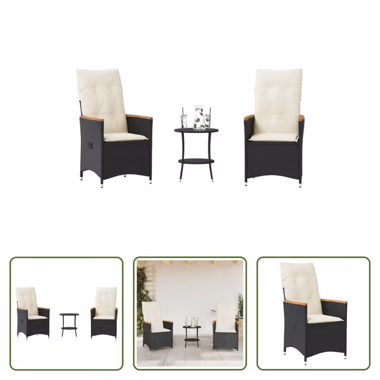 The Living Store Set bistrot 3 pezzi con cuscini in poly rattan nero