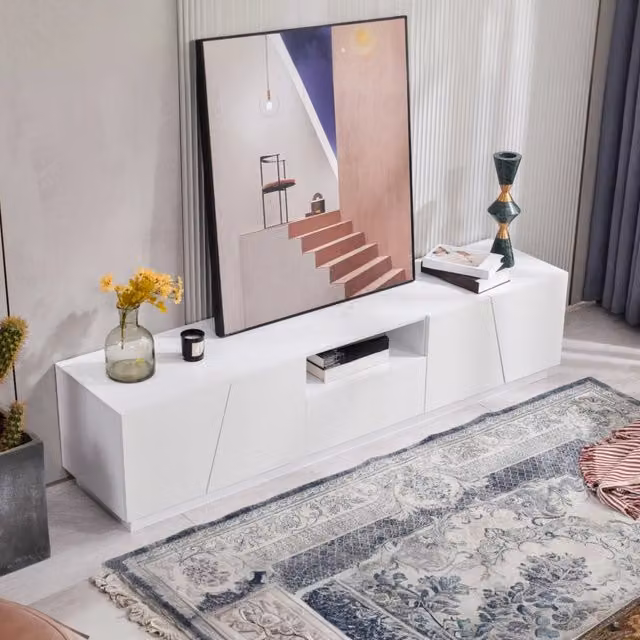 Mobile TV 170x37x42 cm bianco in MDF, 4 ante e 2 vani aperti
