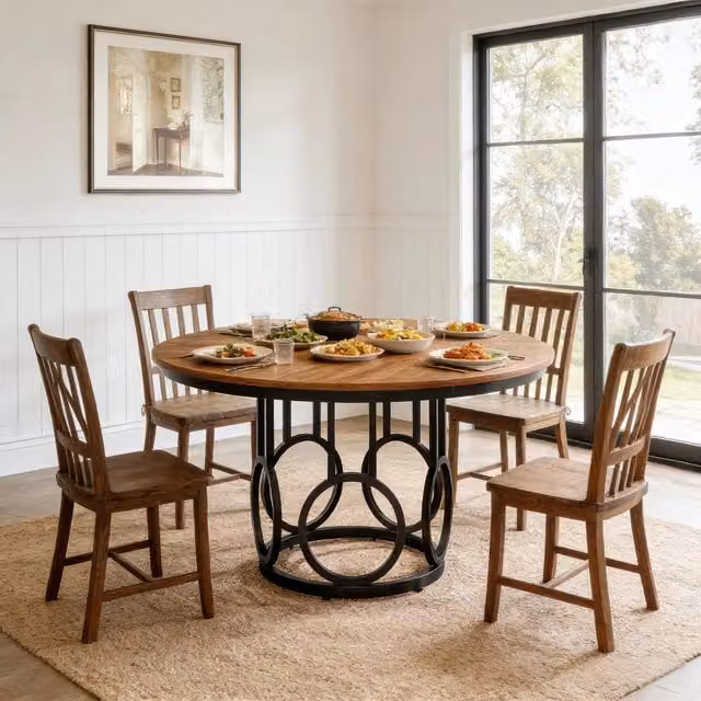 Tavolo da pranzo rotondo in stile industriale WISHDOR in MDF e metallo, L: 120 cm, P: 120 cm, H: 75 cm, nero e marrone