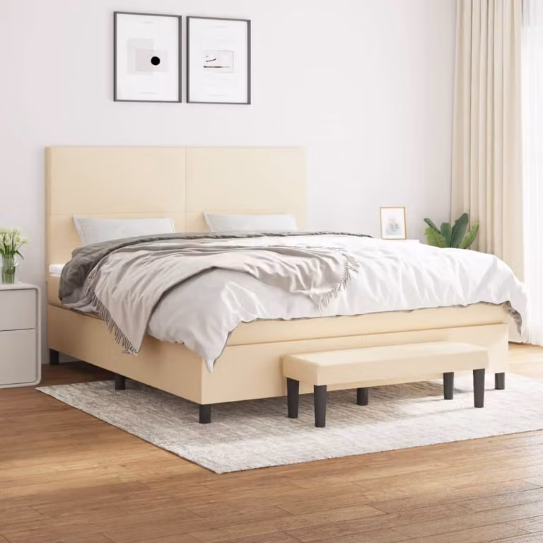 vidaXL Giroletto a Molle Ibrido con Materasso in Tessuto Beige e Bianco L/P/H: 160 x 200 x 28 cm