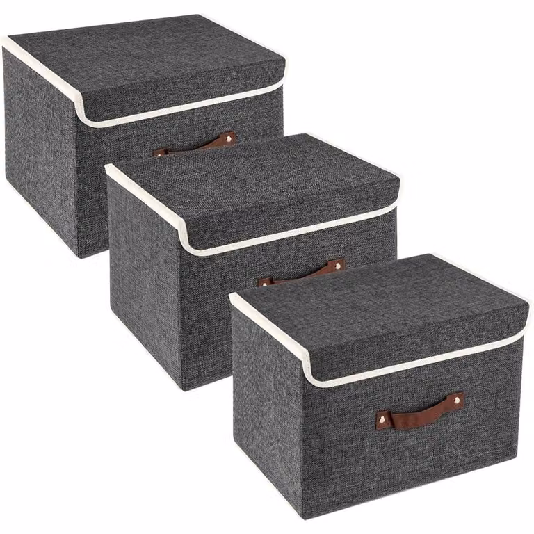Contenitore pieghevole con coperchio, in tessuto, lavabile, set da 3, colore nero, dimensioni 38x25x25 cm