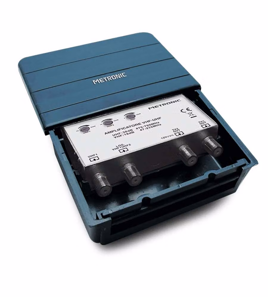 Metronic Amplificatore TV Nero 2 ingressi UHF VHF guadagno regolabile