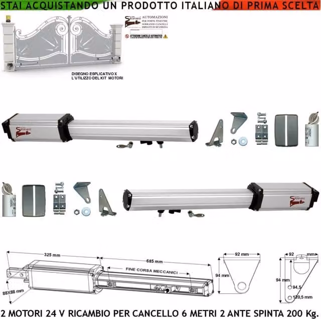 Motoriduttori Elettromeccanici 24 Vcc Corsa 500 mm Spinta 2 Q.li Ricambio Cancello Automatico 6 MT 2 Ante da 3,0 Metri Kit Staffe Completo Chiave Sblocco sul Carrello Compatibili Elettronica BTF Came Key Serai Fac Dimensioni 810X88X88 mm