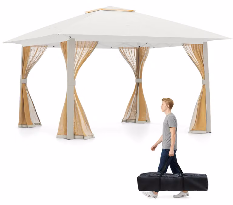 KOMFOTTEU Tenda da giardino pieghevole 4x4 m, tenda pop-up con tetto doppio, 4 reti antizanzare rimovibili, tenda da festa con struttura metallica, pe