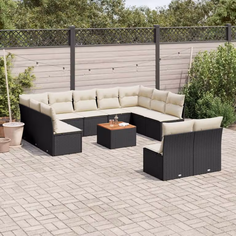 vidaXL Set Divani da Giardino a Forma di U in Polyrattan Nero con Cuscini e Tavolino da Esterno