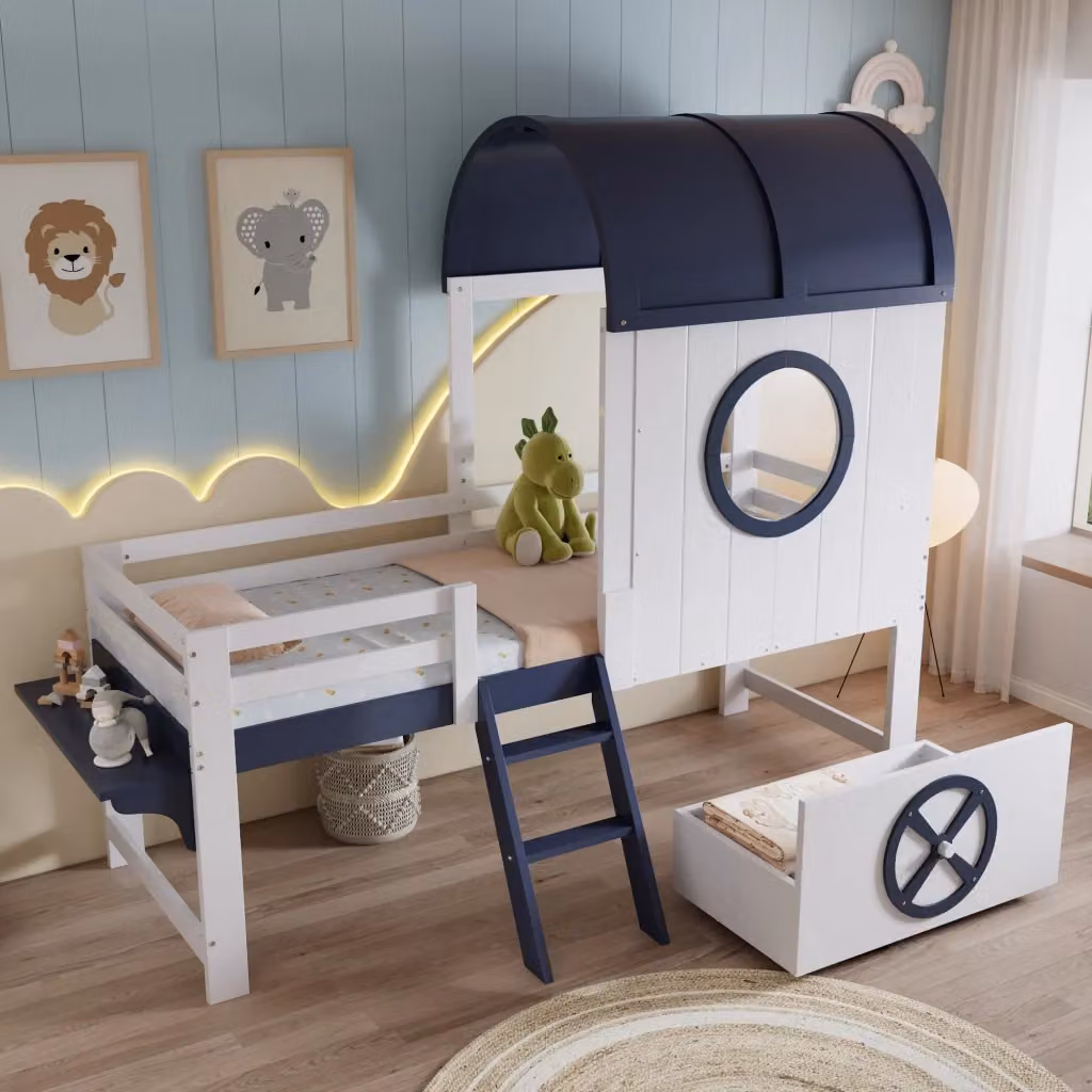 Letto a Casetta Singolo per Bambini con Cassetto, Scala Inclinata e Ripiano, Bianco e Blu, L/P/H: 200 x 90 x 131,5 cm – 2