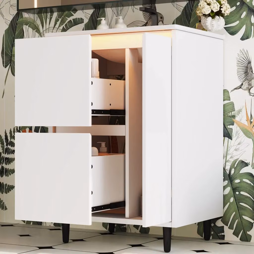 Mobile lavabo freestanding WISHDOR con doppio cassetto e ante soft-close, finitura laccata bianca, L: 61 cm, P: 46,5 cm, H: 87 cm – 2