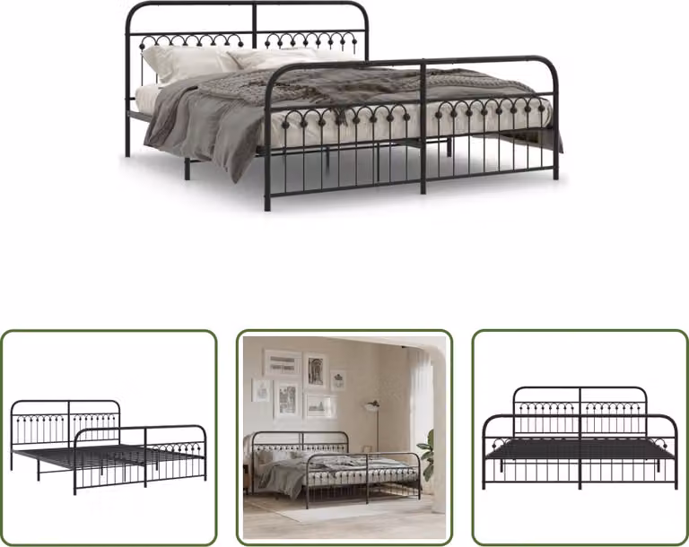 The Living Store Struttura letto con testiera e pediera in metallo nero 183x213 cm