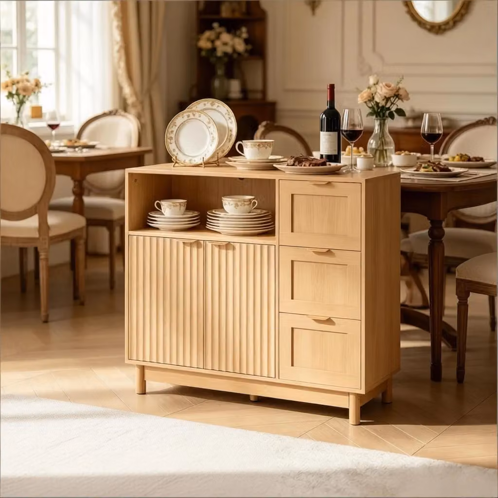 Credenza moderna effetto legno marrone con 3 cassetti e ripiano regolabile per cucina, soggiorno o camera da letto – 2