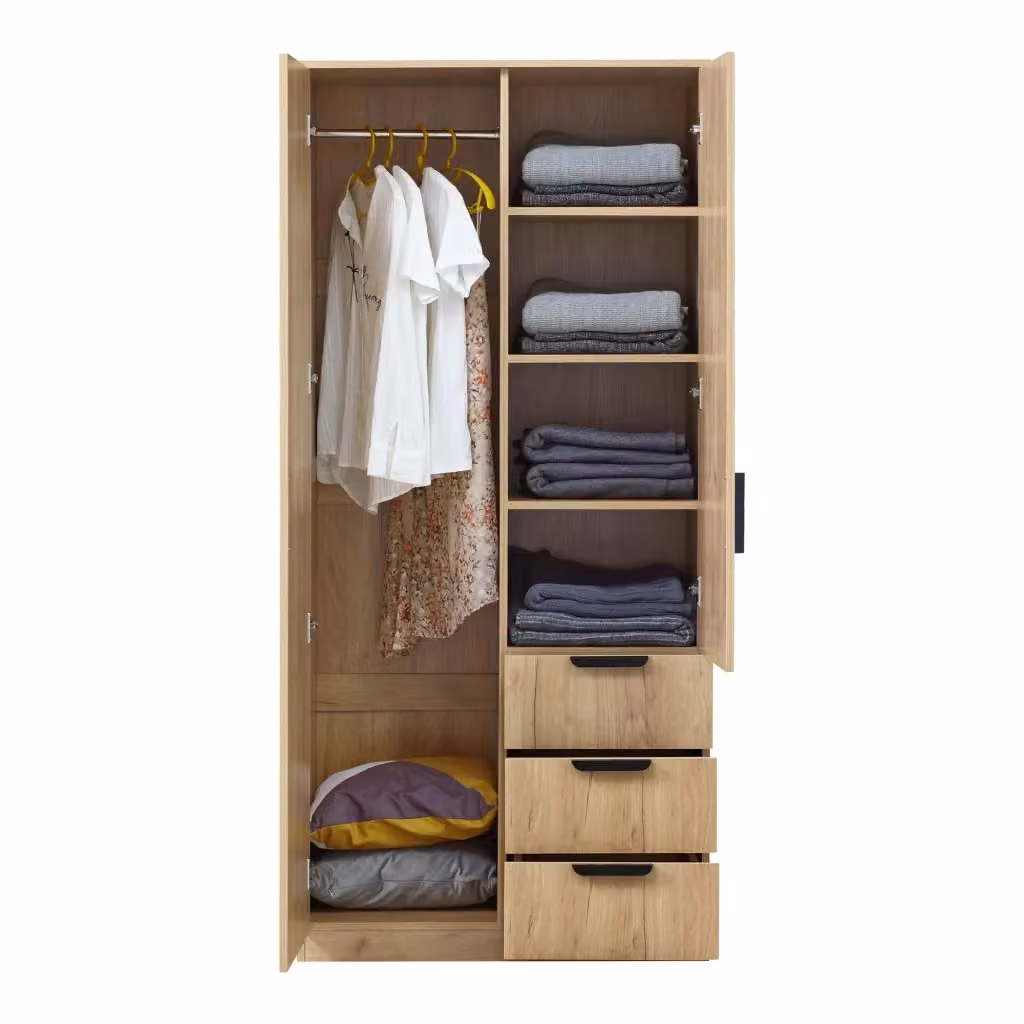 Armadio moderno per camera da letto in MDF effetto rovere con 1 asta appendiabiti, 4 ripiani e 3 cassetti, H 176 x L 80 x P 52 cm – 2