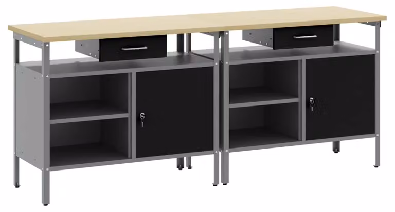 Banco da lavoro in stile industriale - 200 x 55 x 85 cm - Acciaio verniciato a polvere - Nero