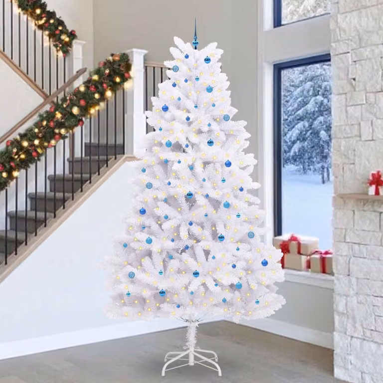 Albero di Natale Artificiale Moderno vidaXL Bianco con Luci LED RGB e Rami Pieghevoli in PVC e Metallo, Altezza: 300 cm