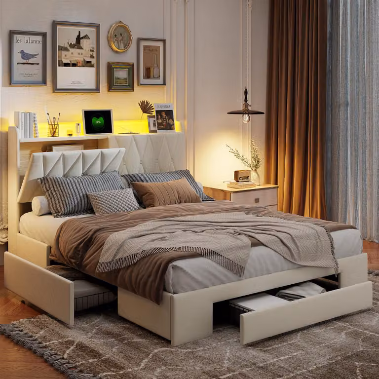 UnboxG Letto matrimoniale in velluto beige 140x190 cm con 3 cassetti, illuminazione LED RGB e funzione di ricarica USB - letto imbottito con contenitore e testiera moderna