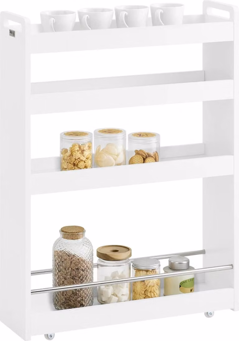 NSR01 Scaffale per nicchia, carrello per cucina/bagno con 4 livelli su rotelle, bianco, LxHxP circa 18×82×60 cm