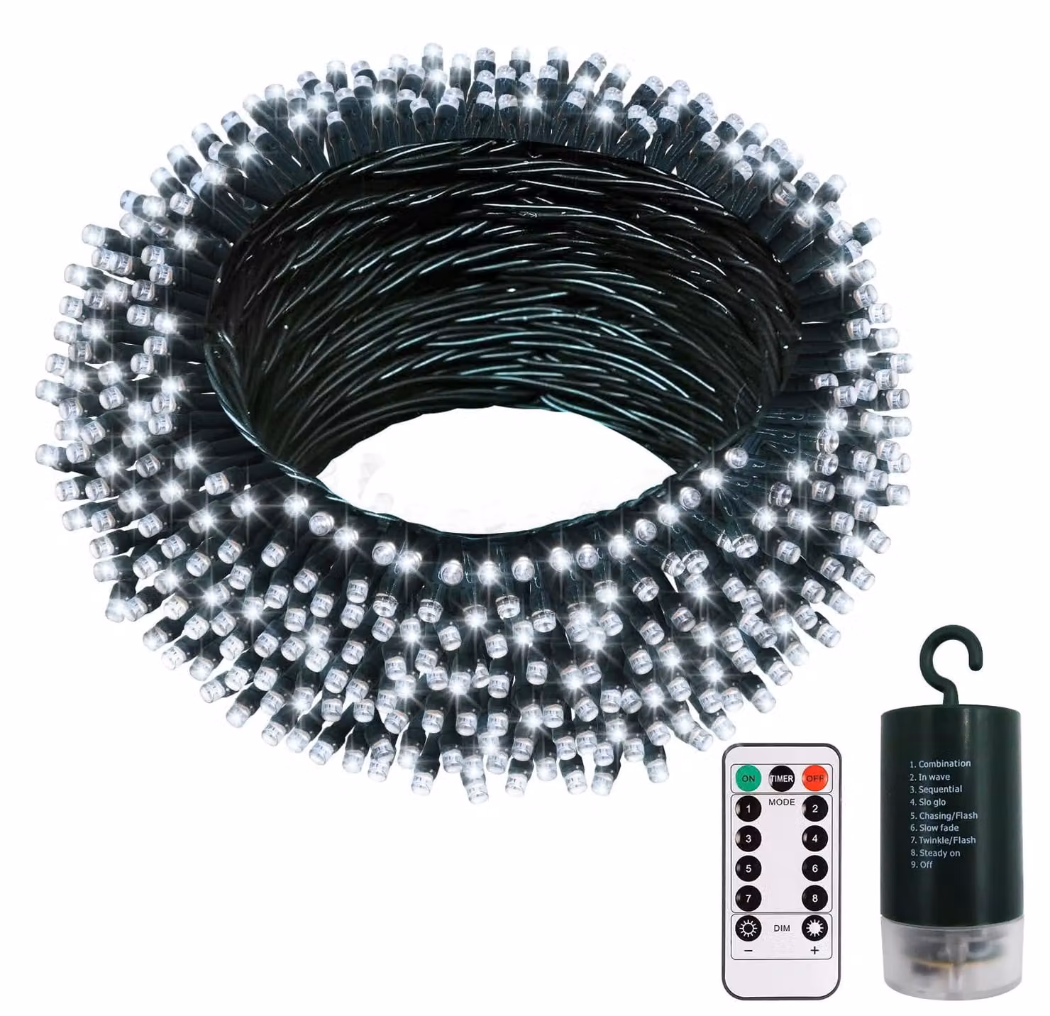 Catena luminosa a LED, 20 metri, 200 LED bianchi freddi, alimentazione a batteria, grado di protezione IP65