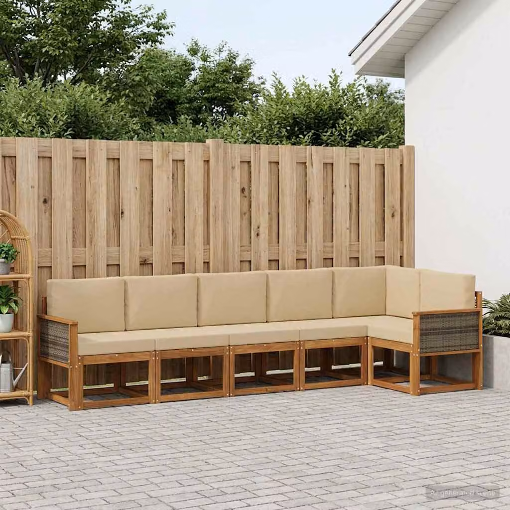 Set di divani da esterno vidaXL a forma di L composto da 6 pezzi in legno di acacia con cuscini beige e marrone