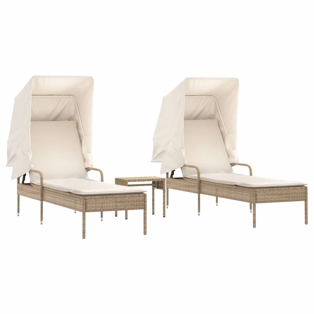 Lettini Prendisole 2 pz con Baldacchino e Tavolino Polyrattan
