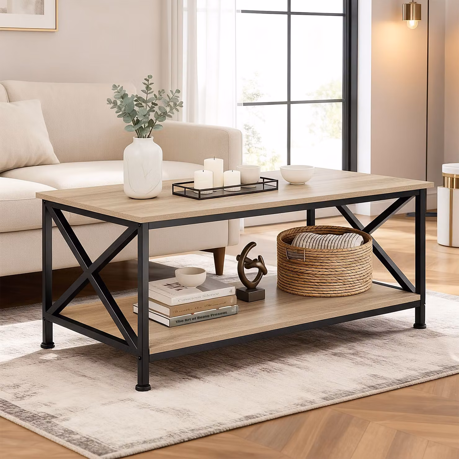 Tavolino da salotto Pittsburgh TecTake GmbH in stile industriale, colore marrone rovere, L/P/H: 100 x 55 x 45,5 cm – 3