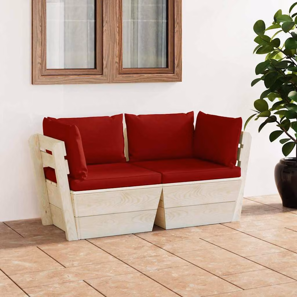 vidaXL Divano da Giardino a 2 Posti a Forma di L in Legno di Pino con Cuscini Rossi – 1