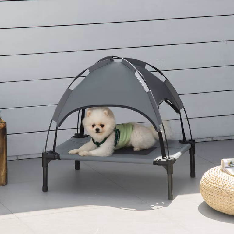 Cuccia per cani - Cuccia rialzata con copertura - Realizzata in nylon traspirante - Struttura in metallo - Adatta per l'esterno - Taglia S - Grigia