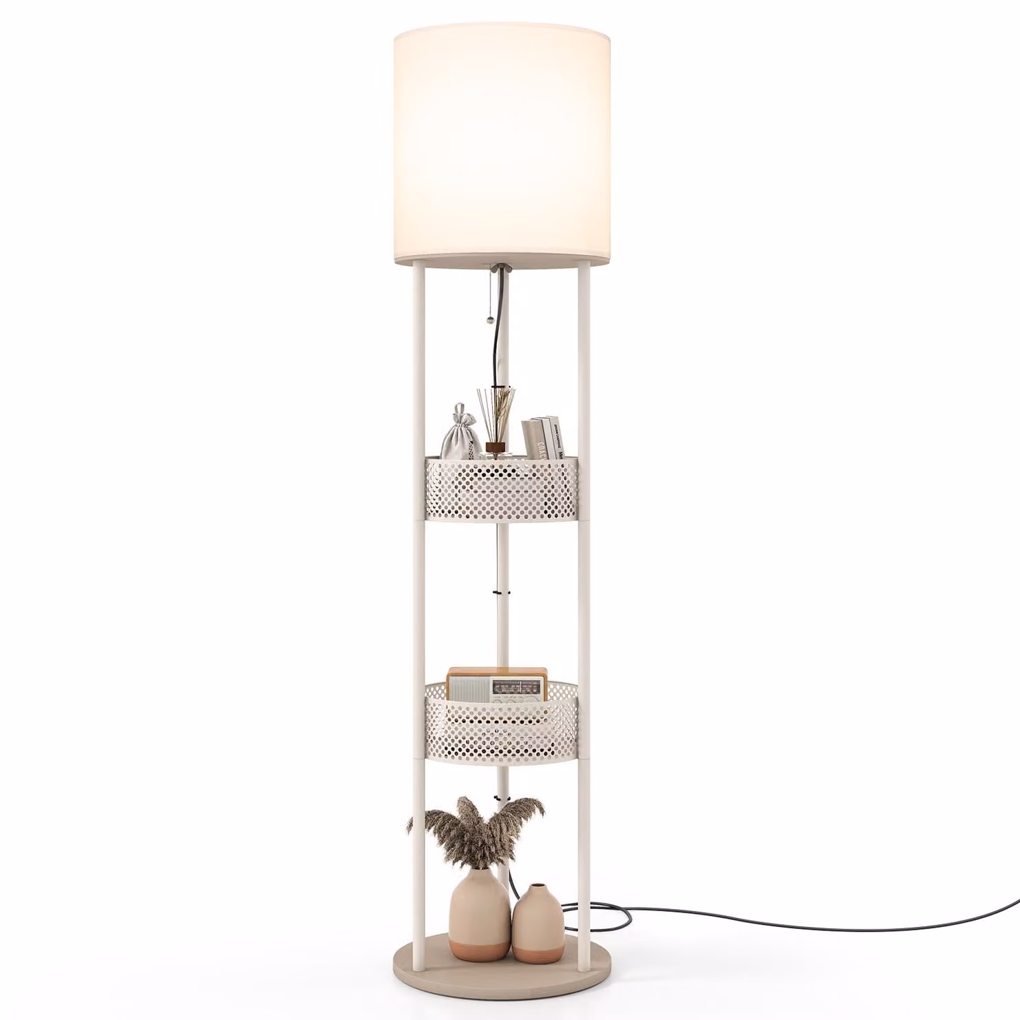 Lampada da terra COSTWAY, 158 cm, con paralume in lino, interruttore a tirante, mensole, cesto portaoggetti e base in legno robusta, lampada da lettura