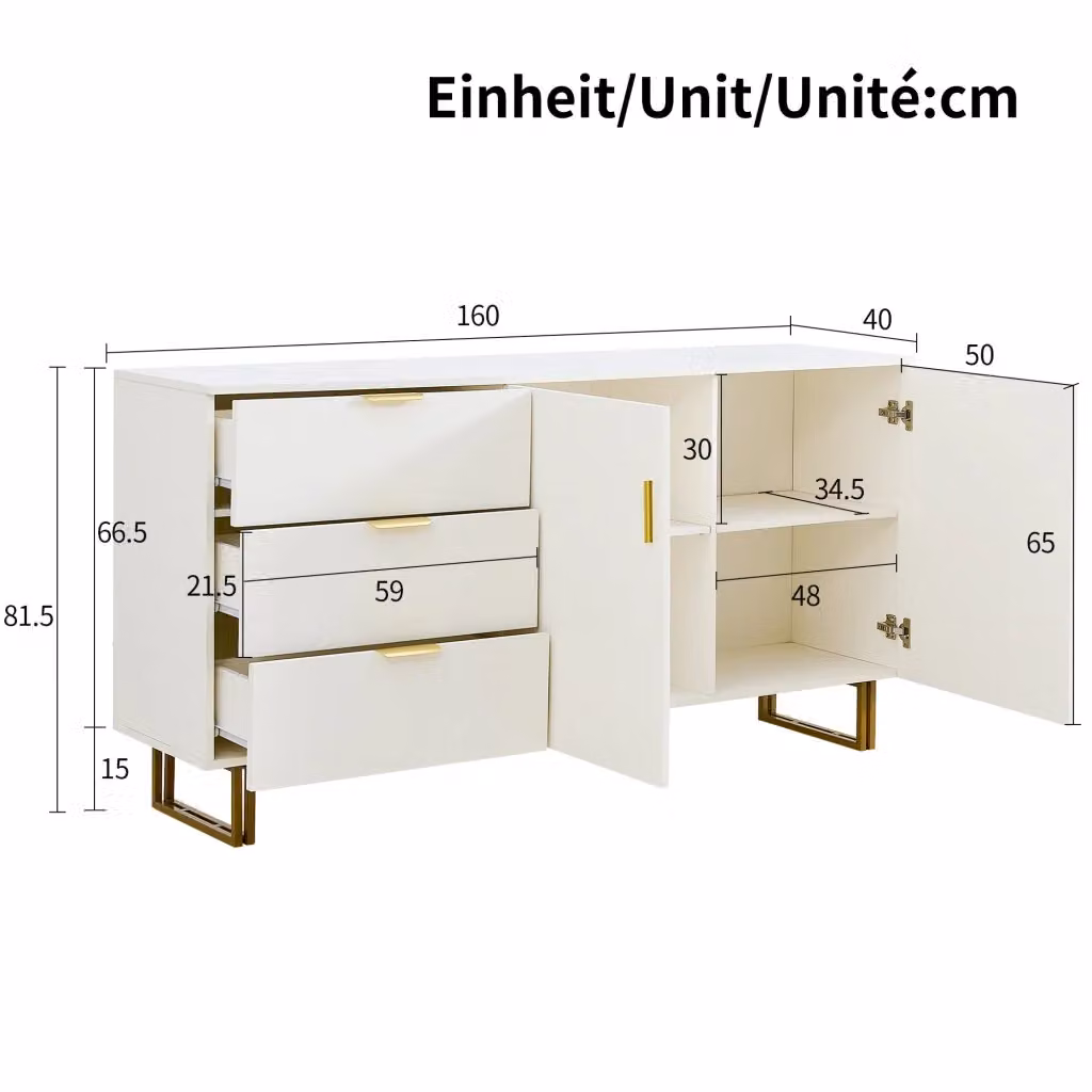 Sideboard REDOM moderno in MDF bianco e oro con dettagli in metallo L/P/H: 160 x 40 x 81,5 cm – 2