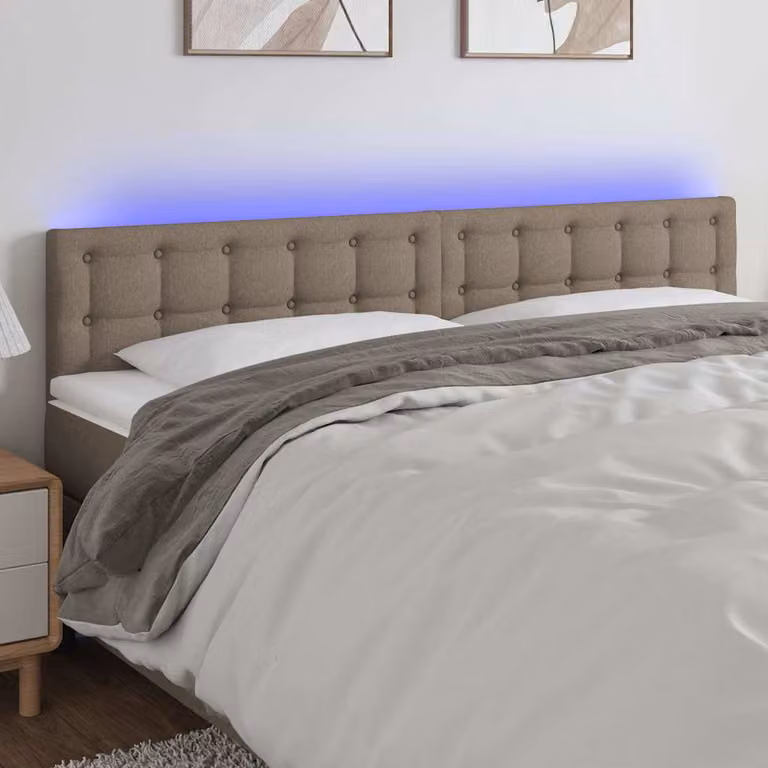 Testiera per letto vidaXL con illuminazione LED e porta USB in tessuto tortora, L 200 cm, P 5 cm, H 78-88 cm